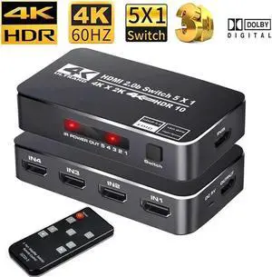 4K 60Hz HDMI Switch 5 In 1 Out 5x1 Switcher Converter Adapter with Remoter for XBox PS4 PS5 Pro PC Projector Laptop - OZQ3-3