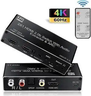 HDMI Switch Audio Extractor, HDMI Switch Splitter 2 Inputs 1 Output with Remote 4K@60hz, 2-Port HDMI2.0b Switcher Box with Optical Toslink SPDIF+Coaxial+3.5mm+R/L Audio Out,OZV2