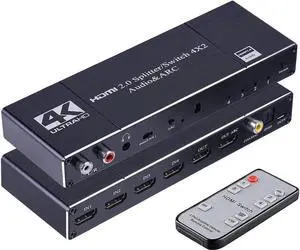4In 2Out HDMI Switch Audio Extractor with Remote Control HDMI 2.0b Switcher with Optical TOSLINK SPDIF R/L 3.5mm Audio Coaxial Out Support ARC Function 6Gbps 4Kx2K@60Hz 3D HDCP 2.2 HDMI