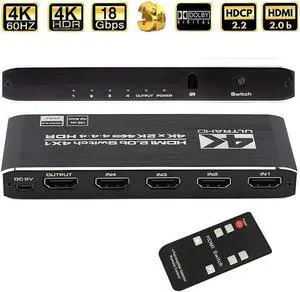 HDMI Switch 4K 60Hz HDMI Splitter- HDMI Switcher Splitter 4 Input 1 Output, Support 3D 4K HDR10 HDCP2.2 YUV444/RGB888 for Xbox PS4 Roku HDTV Fire Stick Blu Ray(IR Remote)