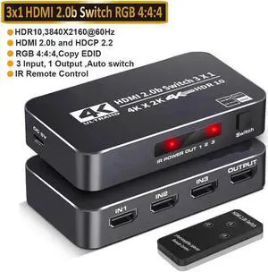 HDMI 2.0 Switcher 3 in 1 out 4K/60Hz HDMI Splitter for XBOX 360 PS4 Smart Box 3 in 1 out HDMI 2.0 Switch Adapter Supports Ultra HD Dolby Vision, 18.5Gbps, HDR10, HDCP 2.2 & 3D - OZQ2-2