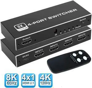 8K HDMI 2.1 Switch,4 in 1 Out HDMI Switcher Box with IR Remote Control,4 Port HDMI 2.1 Switcher Selector Support for 8K@60Hz, 4K@120Hz,Compatible for Xbox,PS4/5,Laptop,Blue-ray Player