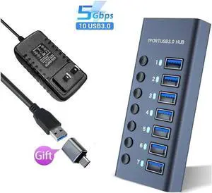 Powered USB 3.0 USB C Hub, Aluminum USB 7 Port, 12V/3A AC Adapter, with Individual On/Off Switches for MacBook, Mac Pro/Mini and More