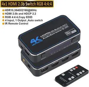 HDMI 2.0 Switcher 4 in 1 out 4K/60Hz HDMI Splitter Audio Extractor with Optical 3.5mm Stereo Audio Out for XBOX 360 PS4 Smart Box Supports Ultra HD Dolby Vision 18.5Gbps HDR10 HDCP 2.2