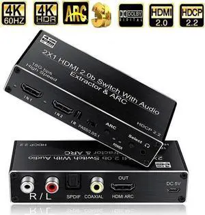 4K@60Hz HDMI Switch 2x1, 2 Port HDMI2.0b Switch Box with Optical Toslink SPDIF/Coaxial/3.5mm R/L Audio Out, HDMI Selector Switch with Remote(OZV2)