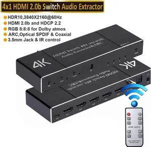 4x1 HDMI Switch,4 in 1 Out HDMI Switcher Audio Extractor( Optical + 3.5mm AUX + Coaxial Output) ,Support Ultra HD 4K,3D 1080P,Audio EDID Extractor with IR Remote Control, OZQ7