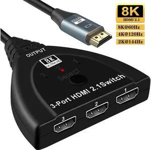 8K@60Hz HDMI Switch 3 Port with Pigtail Cable 8K HDMI Switcher Box 3 in 1 Out 3x1 HDM Switch Selector, Support 3D, HDCP 2.3, HDR, Monitor Switch for Fire Stick, PS5, Xbox (OZ8Q3-1)