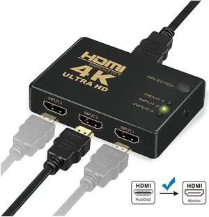 HDMI Mini Switch/Switcher 3-Port HDMI Switcher Splitter Supports 4K, Full HD1080p, 3D with IR Remote Compatible with PC STB Xbox PS4 Fire Stick Roku Blu-Ray Player HDTV