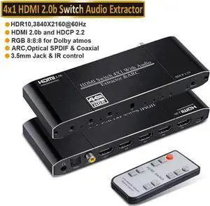 4K@60Hz 4x1 HDMI Switch Audio Extractor with Optical Toslink SPDIF/Coaxial/3.5mm Audio Out 4 Ports HDMI 2.0b Switcher with Remote Control Support ARC, HDCP 2.2 3D for Xbox Fire Stick PS5