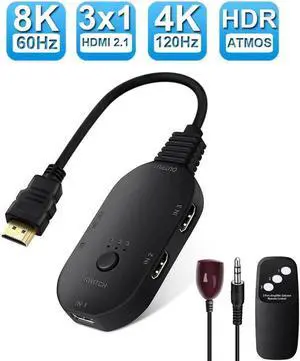 8K@60Hz HDMI Switch 3 Port with Remote Control, 8K HDMI Switcher Splitter Box 3 in 1 Out, 3x1 HDM Switch Selector, Support 3D, HDCP 2.3, HDR 10, Monitor Switch for Fire Stick, PS5, Xbox