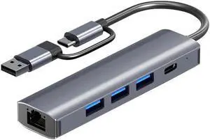USB & Type C Hub Multiport Adapter 5-in-1 USB Dongle for MacBook Pro Air, Gigabit Ethernet with USB-C 5Gbps Port, USB 3.0 5Gbps Port Adapter, Compatible for Windows/Mac/iPad