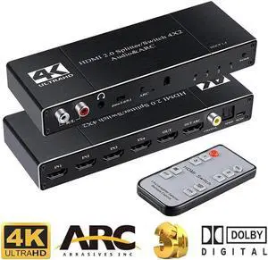 HDMI Switch 4x2 with Audio Extractor 4K@60Hz Ultra HD HDMI Switcher with Optical TOSLINK SPDIF R/L 3.5mm Audio Coaxial Support ARC Function 3D 1080P@120Hz4Kx2k @60Hz HDTV(Remote Control)