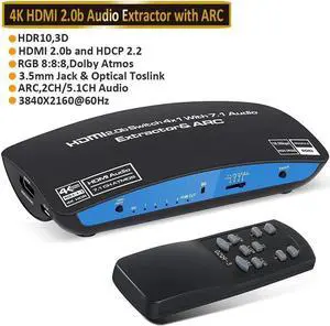 HDMI Switch 4x1 with Audio Extractor 4K@60Hz Ultra HD HDMI Switcher with 7.1CH atmos TOSLINK SPDIF 3.5mm Audio Support ARC Function HDCP 2.2 RGB 8:8:8(7.1CH Dolby atmos)EDID,HDR 10