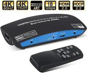 HDMI Switch 4x1 with Audio Extractor, 4K@60Hz Ultra HD HDMI Switcher with Optical TOSLINK SPDIF, 3.5mm Audio,7.1CH atmos Support ARC Function, 3D, 1080P @120Hz, 4Kx2k @60Hz HDTV (OZQ9-1)