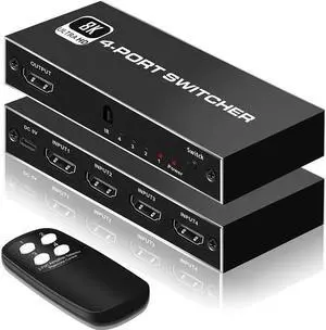 4In 1Out 8K HDMI 2.1 Switch, 4x1 4K@120Hz/8K@60Hz HDMI Switcher with Remote Control, Supports 48Gbps, HDR10+, HDCP2.3, Dolby Vision, 4k@120H for PS5/PS4/Xbox/Roku/Apple TV