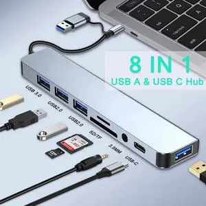 USB HUB, 8 in 1 USB-C/USB 3.0 Dual Adapter Docking Station, with 4 USB Port, TF/SD Card Reader, USB-C,3.5mm Aux,Multi-Port USB C Adapter Type C Laptops Dock Dongle for MacBook Pro Air iPad