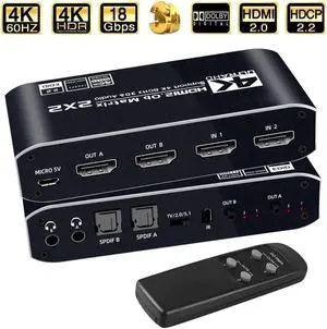 4K HDMI Matrix Switch 2X2 2 in 2 Out Video Switcher Splitter 2xOptical SPDIF and 2x3.5mm L/R Audio Output with IR Remote Controller,Support 4K@60Hz 3D 18.5Gbps, HDMI 2.0b, HDCP 2.2,HDR10