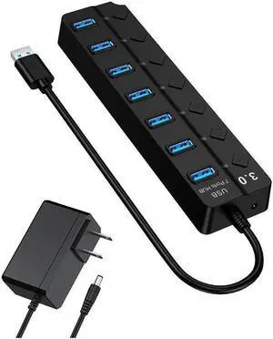 7-Port Powered USB 3.0 Hub, Super Speed USB 3.0 Hub, USB Extender, Data Hub with 5V DC Power Adapter for MacBook, Mac Pro, Mac Mini, Laptop, Desktop