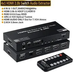 HDMI Switch 4x1 with Audio Extractor 4K@60Hz Ultra HD HDMI Switcher with Optical TOSLINK SPDIF 3.5mm Audio Support ARC Function 3D 1080P @120Hz 4Kx2k@60HzHDTV(IR Wireless Remote Control)
