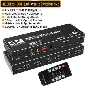 4K@60Hz 4X2HDMI Matrix, 4 in 2 Out Switcher with HDR10,2xSPDIF Audio, 2x3.5mm L/R Audio, EDID, Downscaler 4K to 1080P and RGB 8:8:8(Dolby ATMOS)