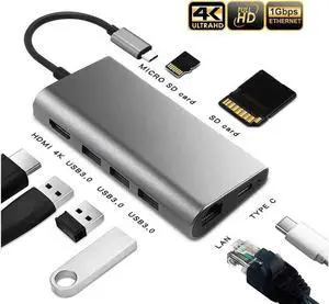 USB C Hub 8-in-1 USB C Adapter with Ethernet Port, 4K HDMI, 2 USB 3.0 Ports, 1 USB 2.0 Port, SD&TF Card Reader, USB C Power Delivery, Compatible with USB C Devices