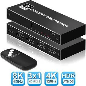 3 in 1 Out HDMI 2.1 Switch, 8K High-Speed 48Gbps 3Port HDMI Switcher, Supports 8K@60Hz 4K@120Hz, Compatible for PS5/PS4 Projectors Monitor Blu-Ray Player Xbox (3 in 1)