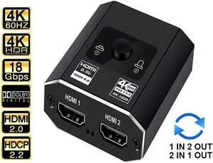 HDMI 2.0b Ultra 4K HD Bi-Directional Switch with HDMI Cable,4K@60Hz 1080p@120Hz 1in 2out 2in 1out High Speed 18Gbps Splitter(Singal Display) Converter Compatible with PS5 Xbox Series X/S