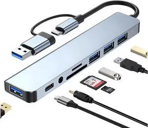 Aluminum 8 in 1 USB Hub USB C Hub, Multiport USB Splitter Expand with 3 USB Port & TF/SD Card Reader for MacBook Pro Air, for iPad Pro Laptop, Phones and More Devices