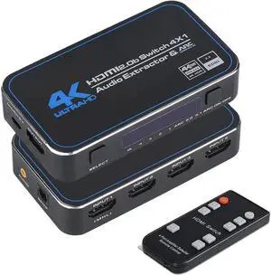 4 in 1 out 4K 60Hz Switcher HDMI 2.0 Switch Splitter adapter IR Remote Audio Extractor with Optical 3.5mm Stereo Audio Out For PS5 PS4 Projector Supports Dolby Vision 18.5Gbps HDR10 HDCP