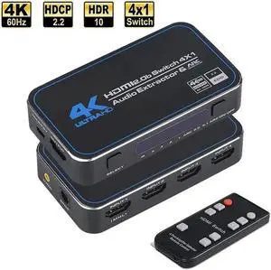 4K@60Hz HDMI Switch 4 in 1 Out w/IR Remote Control 4 Port Switcher Selector Box Audio Extractor with Optical 3.5mm Stereo Audio Out for Supports Ultra HD Dolby Vision 18.5Gbps HDR10 HDCP