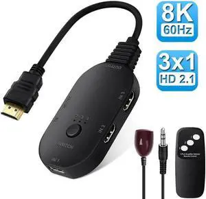 8K@60Hz HDMI 2.1 Switch with Remote Control, 3 Port Selector Box, HDMI Switcher 3 in 1 Out, Supports 8K 3D 1080P for PS4/PS3, Xbox, HDTV etc, HD-Ready, Monitors