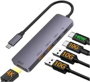 5-Port USB 3.2/USB C Hub with 2*10Gbps USB-A 3.2 10Gbps USB-C 4K@60Hz HDMI 140W Power Delivery, Aluminum USB Splitter for Chromebook Surface Pro iMac PS4 Laptop Xbox Flash Drive Laptop/PC