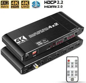 4x2 HDMI 4K Matrix Switch/Splitter 4-Input 2-Output with Remote Control Supports Ultra HD 4K@60Hz 4:4:4 HDR YUV HDMI 2.0 HDCP 2.2 3D, 1080p 18GBPS - ARC/SPDIF Coaxial 3.5mm Stereo Audio