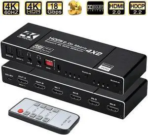 4K HDMI Matrix Switch 4 X 2 ,4in2 Out Video Switcher Splitter, 2xOptical SPDIF and 2x3.5mm L/R Audio Output with IR Remote Controller,Support 4K@60Hz 3D 18.5Gbps HDMI 2.0b HDCP 2.2,HDR10