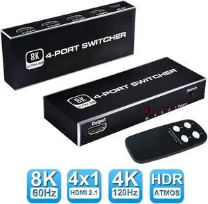 4 in 1 Out HDMI 2.1 Switch, 8K High-Speed 48Gbps 4Port HDMI Switcher, Supports 8K@60Hz 4K@120Hz, Compatible for PS5/PS4 Projectors Monitor Blu-Ray Player Xbox (4 in 1)