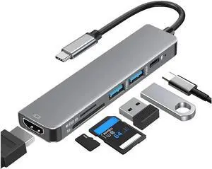 USB C Hub/Adapter, 6 in 1 with 4K HDMI Output, USB 3.0, 2*USB 2.0, SD/TF Card Reader, USB C Dongle for MacBook Pro/Air, XPS More Type C Devices