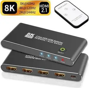 HDMI Switcher with Remote Control 8K 4K 120hz Ultra HD 8K High Speed 48Gbps Directional HDMI Switch 3in 1out 8K@60Hz 4K@120Hz Switcher Converter Compatible with Xbox PS5 Projectors