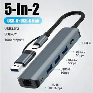 2-in-1 USB-C USB 3.0 to Ethernet Adapter 5 in 1 USB & Type C Multiport Hub with RJ45 1000 Mbps 3xUSB 3.0 Ports 1 x USB C Ports Compatible with MacBook Air/Pro,iMac, iPad Pro, Chromebook