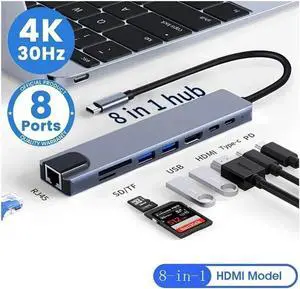 8 in 1 USB Hub USB C Hub Expand Multiport USB Splitter with 4K HDMI Ethernet 100W Power Delivery USB 3.0&2.0, TF/SD Card Reader for MacBook Pro Air, iPad Laptop, Phones and More Devices