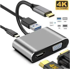 USB C to HDMI VGA Adapter 4-in-1 Type-c Hub with USB 3.0 Charging Power PD Port Compatible for MacBook Pro/iPad Pro 2018/ Samsung Galaxy/Dell XPS-Gray