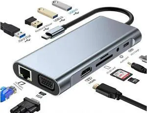 11 in 1 USB C Hub Docking Station with 4K HDMI VGA RJ45 USB 3.0 3*USB 2.0 Ports 100W USB-C PD 3.5mm Aux Ports for MacBook/Laptops and More Devices, HDD Xbox Printer Mouse Keyboard