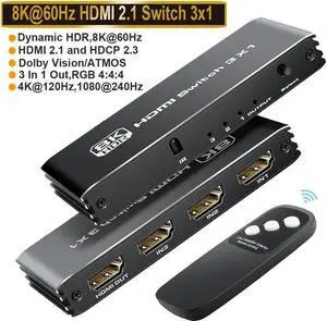 8K 3x1 HDMI 2.1 Switch 4K @ 120hz Switcher 3 in 1 Out, Support HDR, HDR10, Dolby Vision, HLG 48Gbps for Xbox Series X PS5 Ro-ku Fire TV Monitor Projector Dolby