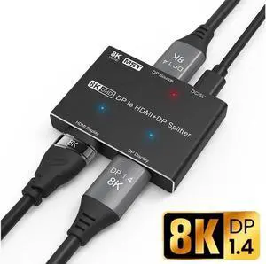 8K DisplayPort 1.4 to DisplayPort+HDMI Splitter Switch Adapter DP to DP+HDMI MST Hub Converter, 8K@30Hz 4K@120Hz, for PC Host Monitor Laptop etc