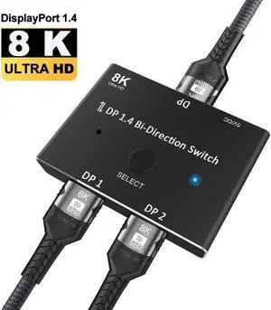 New 8K Displayport to Displayport-compatible splitter DP Splitter 8K@60Hz 4K@120Hz 32.4Gbps for (DP HD) dual port simultaneous displays( 2X1 Or 1x2)