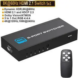 8K@60Hz HDMI Switch 5 in 1 Out w/IR Remote Control 5 Port Switcher Selector Box for Xbox Nintendo PS5 PS4 TV Fire Stick Supports Ultra HD Dolby Vision 48Gbps HDR10 HDCP 2.3 & 3D - OZ8Q5