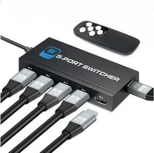 Switcher HDMI 2.1-compatible 5 in 1 out 8K 60Hz 4K 120Hz Switch Splitter adapter IR Remote For PS5 PS4 Projector Supports Ultra HD Dolby Vision, 48Gbps, HDR10, HDCP 2.3 & 3D - OZ8Q5