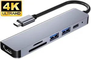 USB C Hub, 6 in 1 USB Type C Adapter Docking Station with 4K HDMI, Power Delivery Port,SD/TF Card Reader, 2 USB3.0 Ports Compatible for MacBook, Other USBC Laptop