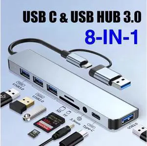 USB C & USB Hub Docking Station 8 in 1 with 3 USB A Ports with 8Gbs Data,TF/SD Card Reader Compatible with MacBook/Laptops and More Devices, HDD, Xbox, Printer, Mouse, Keyboard