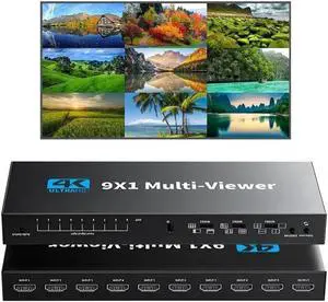 HDMI Multi-viewer Switch 9x1 HDMI Nine Multi-Viewer Switcher 9 in 1 Out 4K/1080P with Viewing Modes for Security Camera PC Gaming Consoles