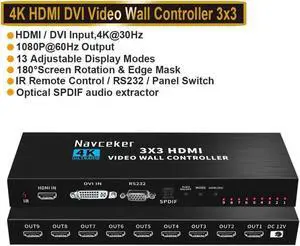 3x3 Video Wall Controller | 1080p@60Hz, HDMI 1.4, HDCP1.4 Compliant | HDMI & DVI Inputs; HDMI Outputs | 13 Display Modes - 1x1,1x2, 1x3, 1x4, 2x1, 2x2, 2x3, 2x4, 3x1, 3x2, 3x3, 4x1, 4x2